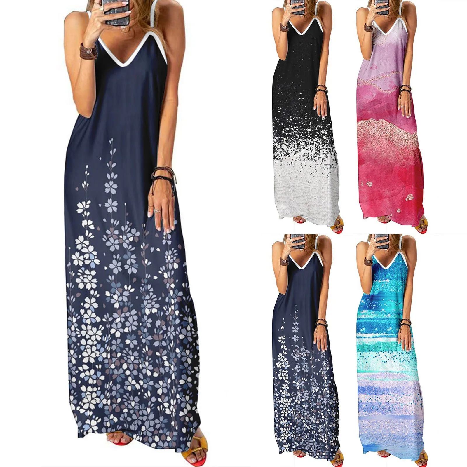 

Женское платье-макси без рукавов, с V-образным вырезом и разрезом