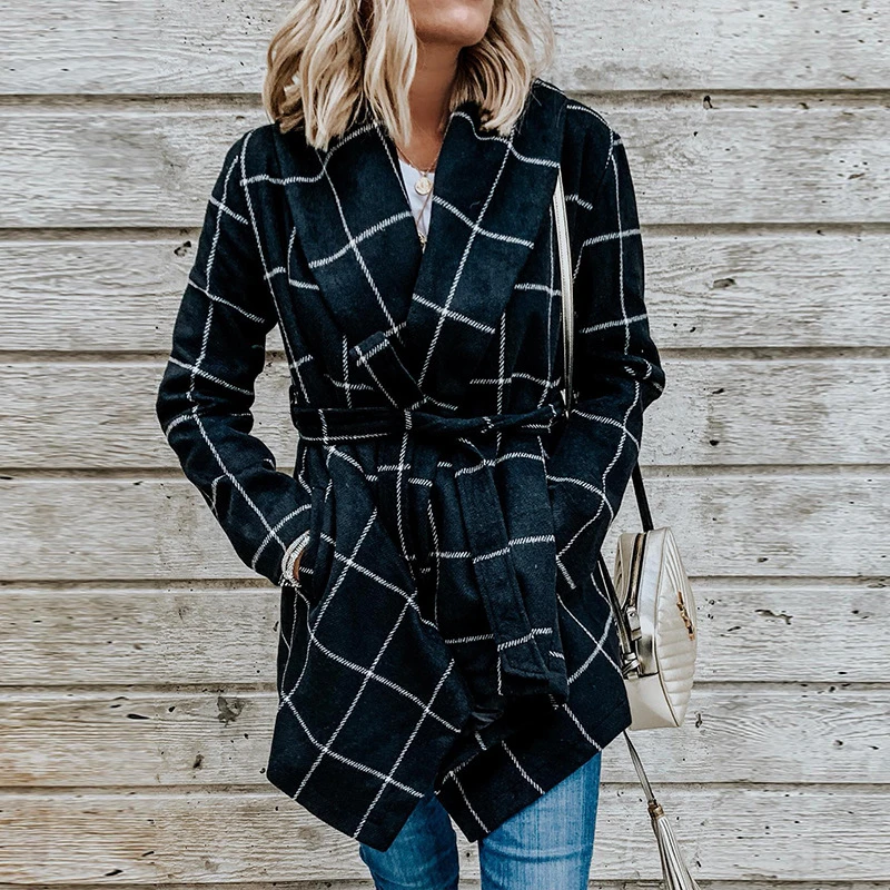 

Plaid Wool Coat Women's IrregularFashion Scarf Collar Thick Warm Bandage Waist Wool Coat Women's 2021 New Casual Streetwear