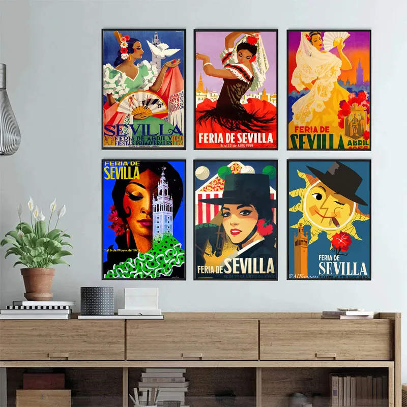 

Винтажные картины на холсте, постеры из крафт-бумаги с покрытием, настенные наклейки, украшение для дома, подарок, Испания, андалусия, Севиль...