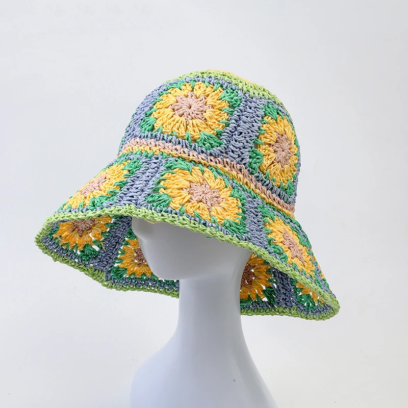 

INS Korea Crochet Handmad Beach Straw Hat Women Summer Flowers Pure Hand-woven Hat Sunshade Fisherman Hat Breathable Bucket Hat