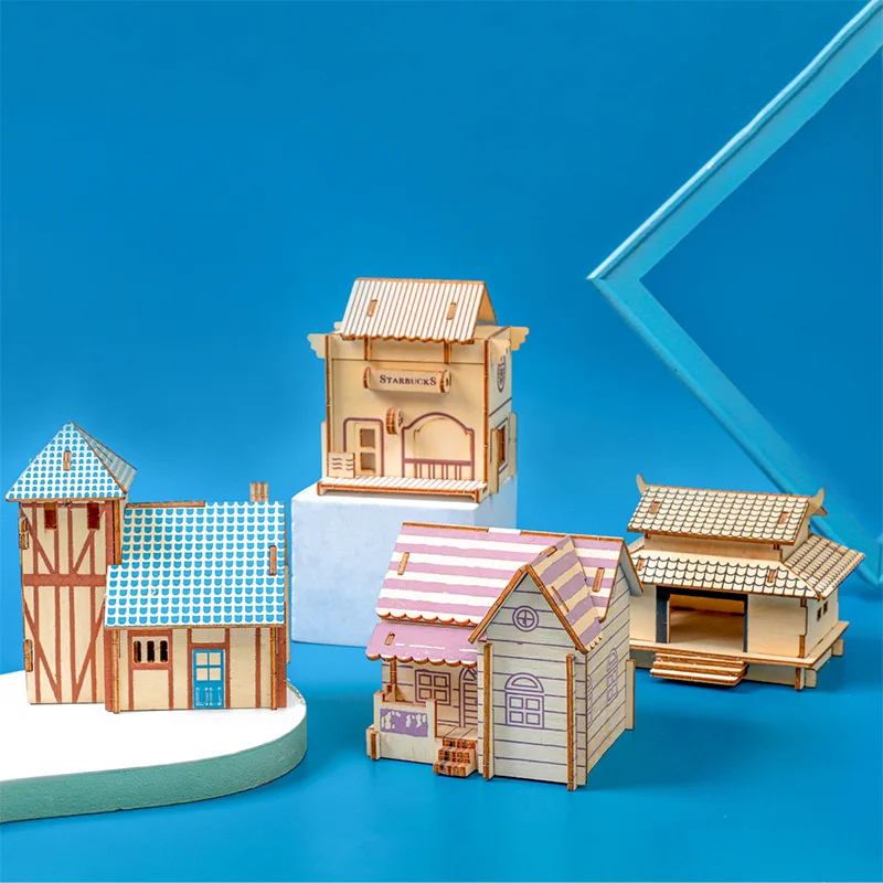 

Wooden 3D jigsaw puzzle house kindergarten early hand DIY puzzle boys and girls new toy gifts
