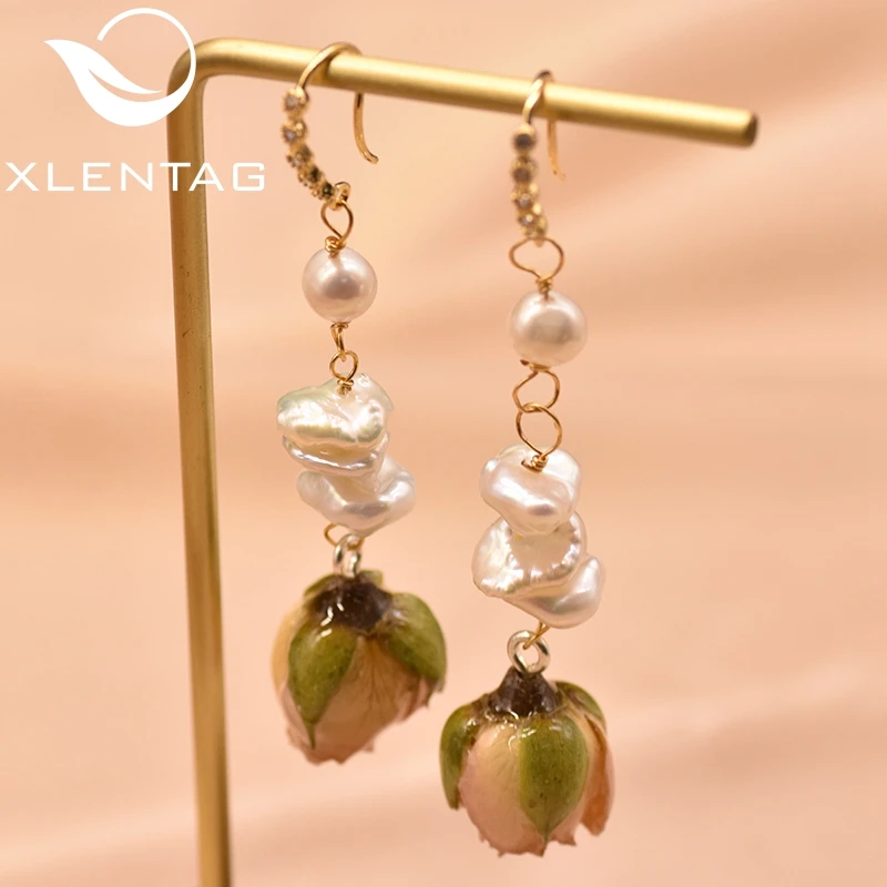 

XlentAg Real Flower Fresh Water Pearls Hook Drop Earrings For Girls Birthday Enthic Jewelry For Women Oorbellen Hangers GE0492F