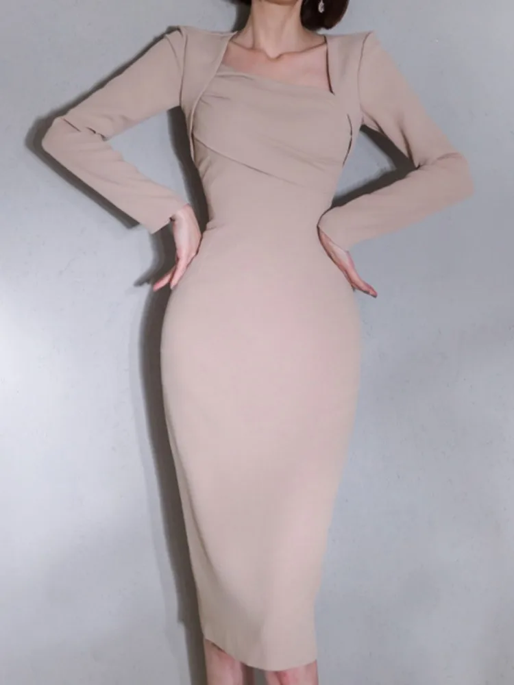 

2022 New Women Fashion Business Midi Dress Office Ladies Slim Vintage Solid Vestidos Female Korean Bodycon Workwear Robe