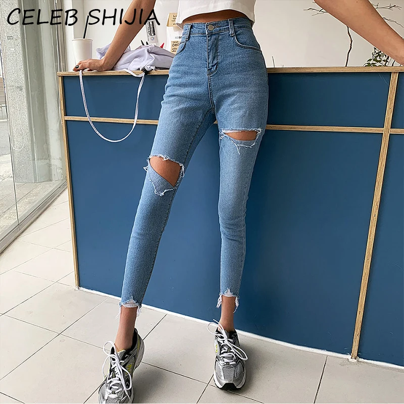 

Шикарные женские рваные джинсы SHIJIA, уличная одежда, эластичные джинсовые брюки-карандаш с дырками и высокой талией, 2023