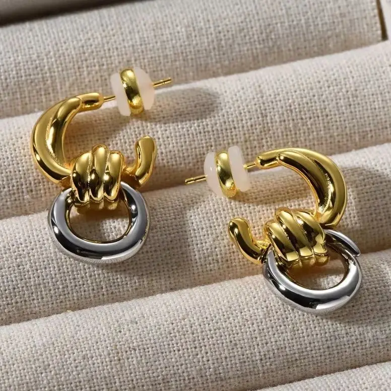 Модные двухцветные серьги со сращенным узлом золотые серебряные женские