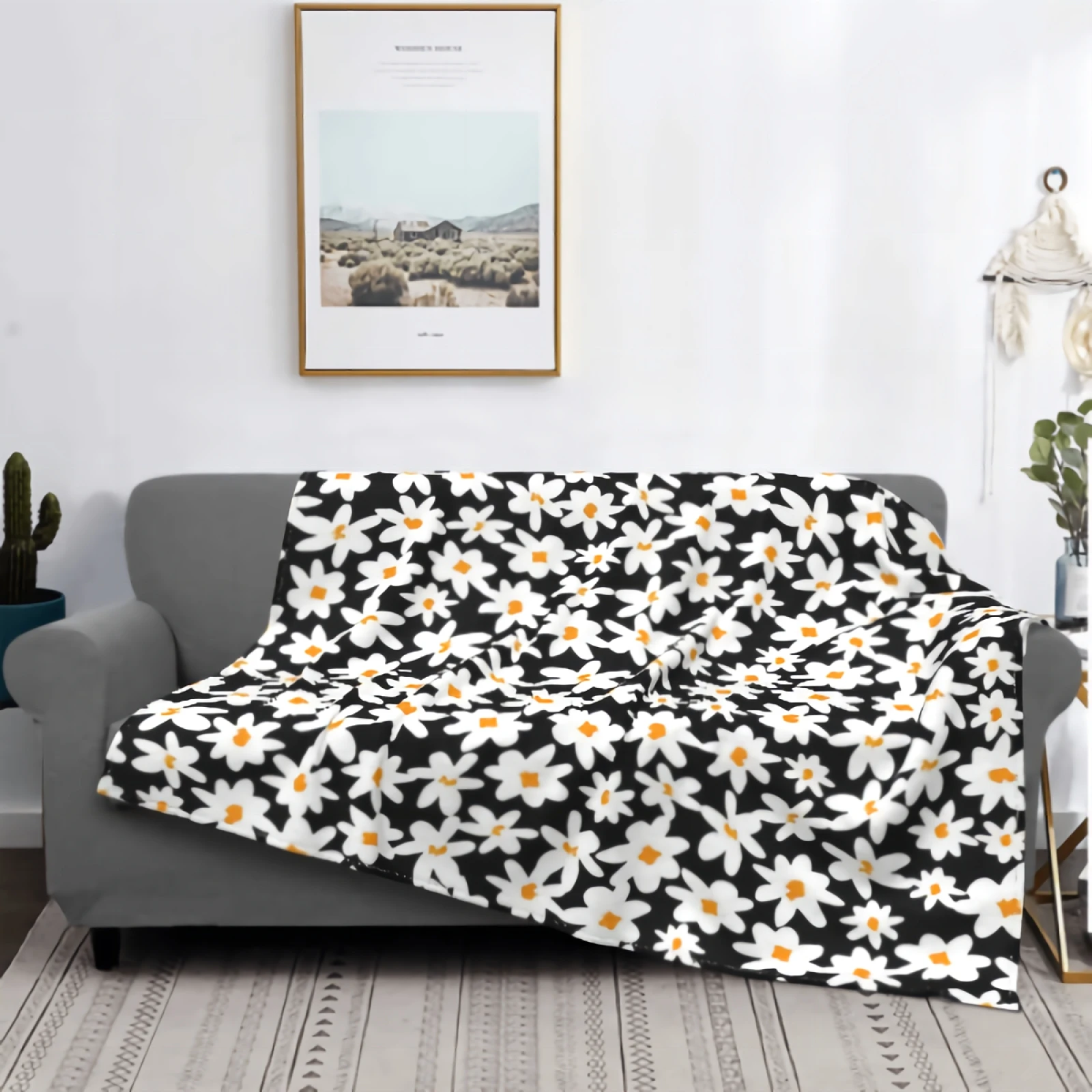 

Рассеянные цветы маргаритки с оранжевым центром Фланелевое Флисовое одеяло белые цветы маргаритки на черном фоне плюшевое одеяло