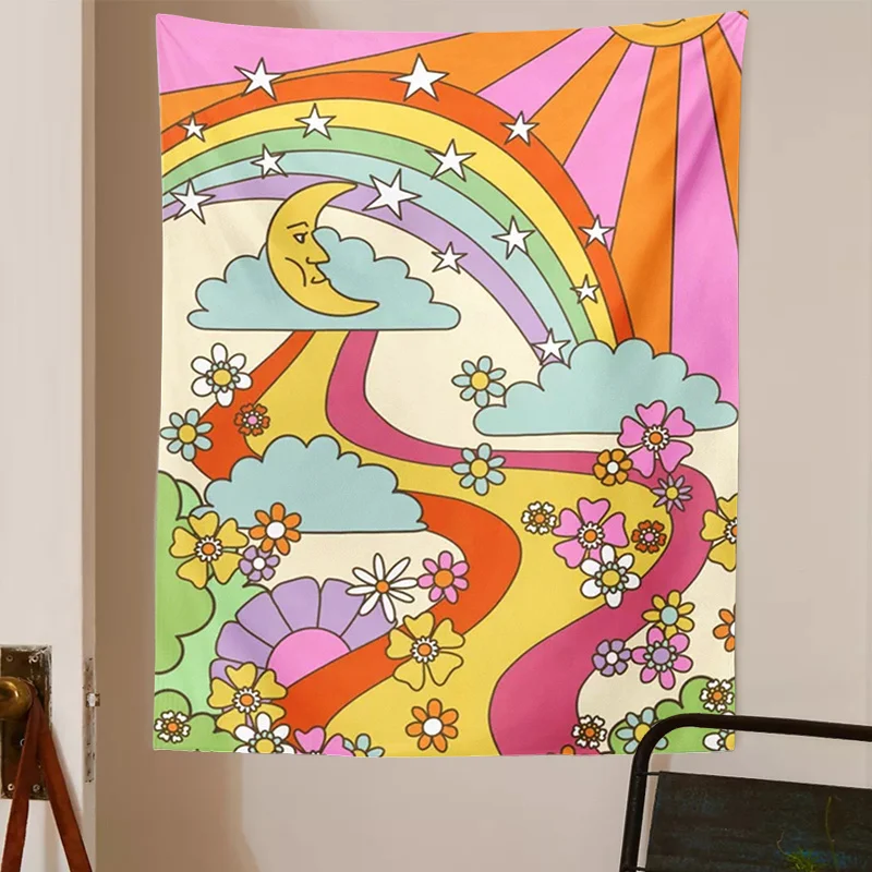 

Настенный гобелен в стиле ретро, Радужный винтажный психоделический декоративный ретро-гобелен в стиле ретро, 70-60-х годов, с рисунком солнца...