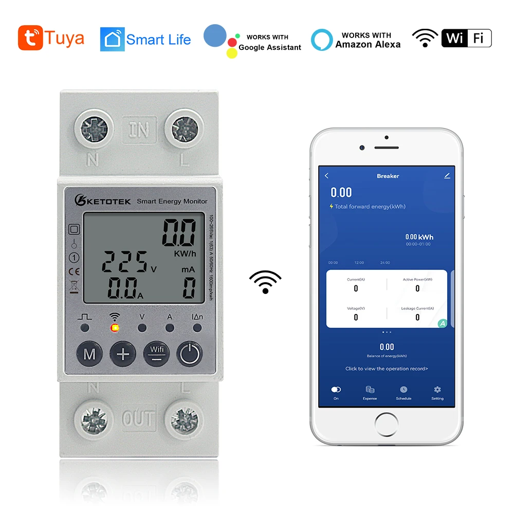Controle Remoto do Aplicativo da Voz do Sincronismo do Monitor do Consumo de Energia do Medidor de Energia da Fase Monofásica 63a Wifi Inteligente 220v 50 60hz