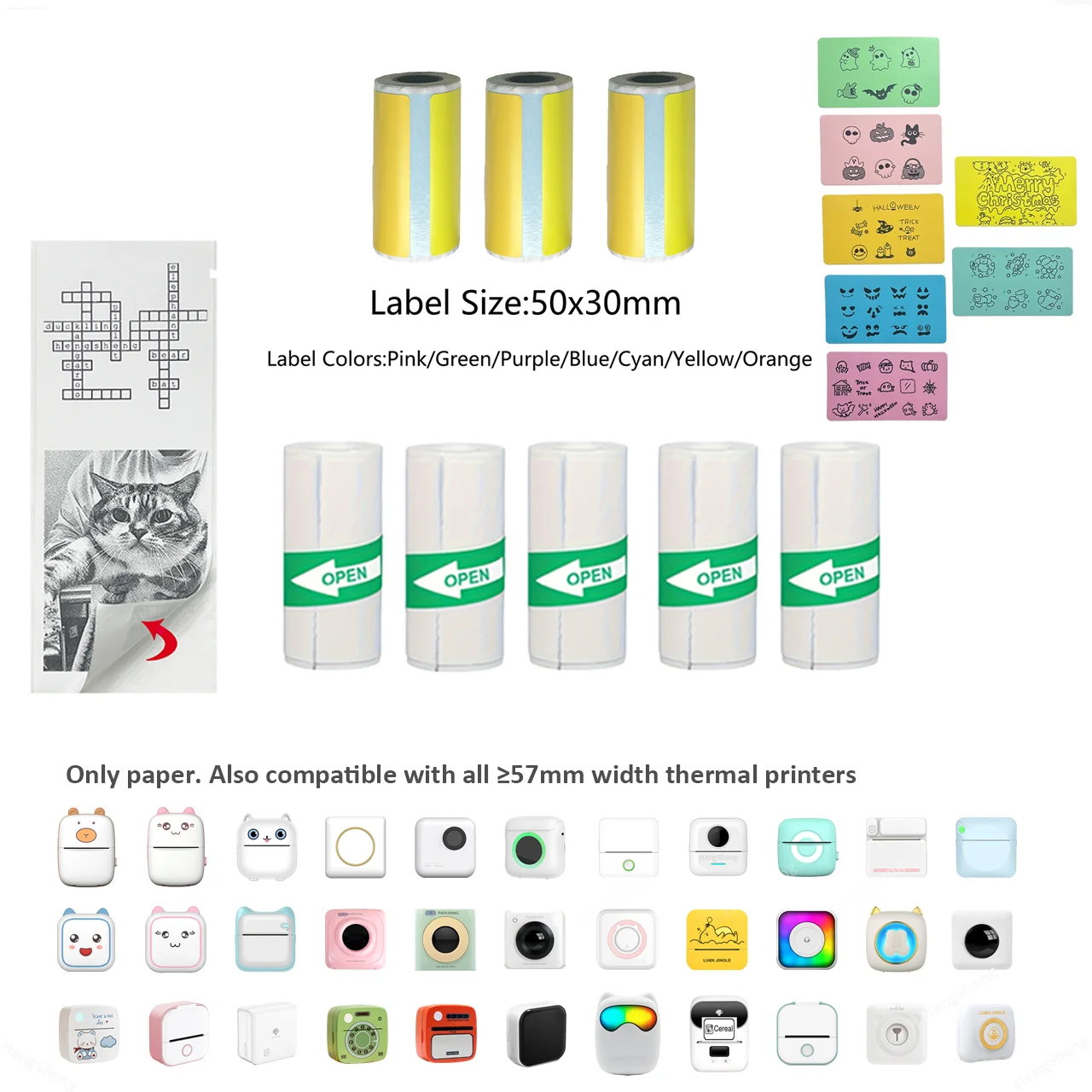 57 мм термоцветная наклейка и белая этикетка без BPA для Peripage A6 Cute Cat C9 Paperang P1 Phomemo T02