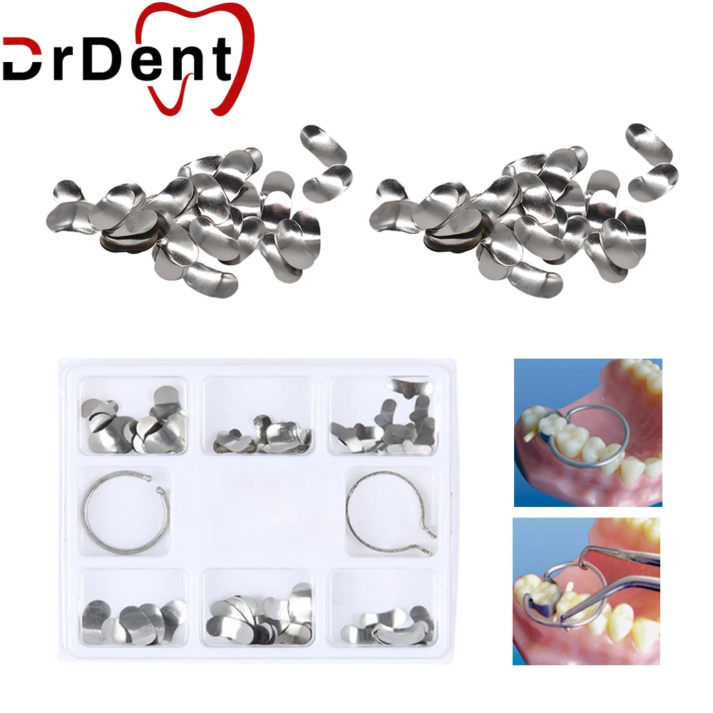 

100pcs/set Dental Sectional Contoured Matrices Matrix Bands Stuck Full Teeth S/M/L+2Pcs Matrix Ring Dentist Tools lab dentistry
