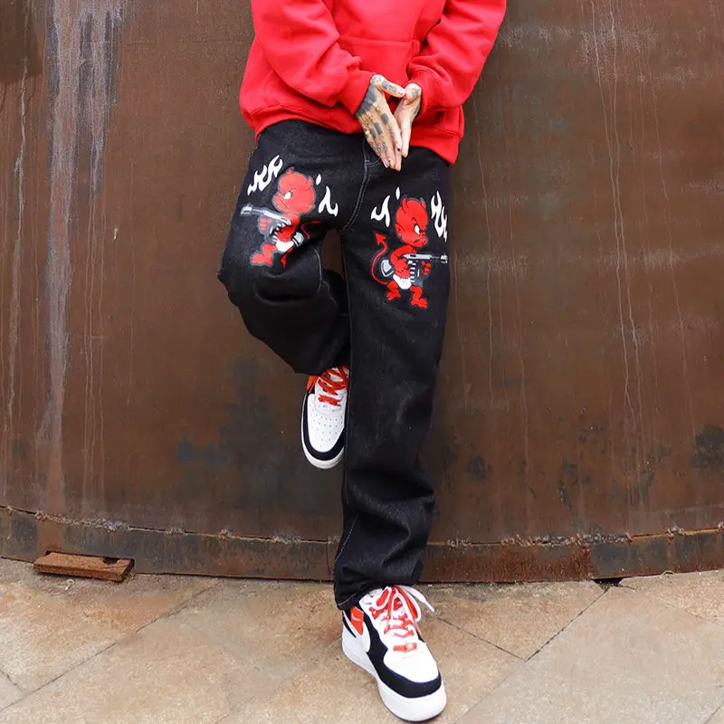 Men's jeans American street little devil retro Y2K niche print black denim hiphop hip hop loose straight fried street trousers