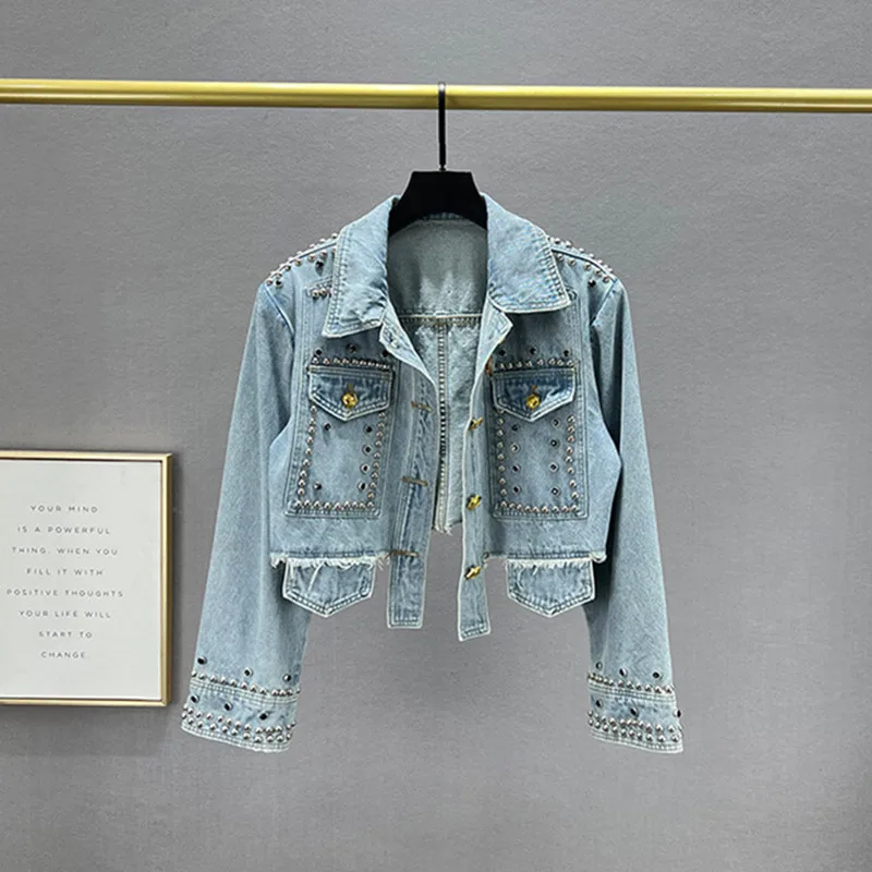 Джинсовая куртка женская с заклепками и карманами винтажный ковбойский Пиджак