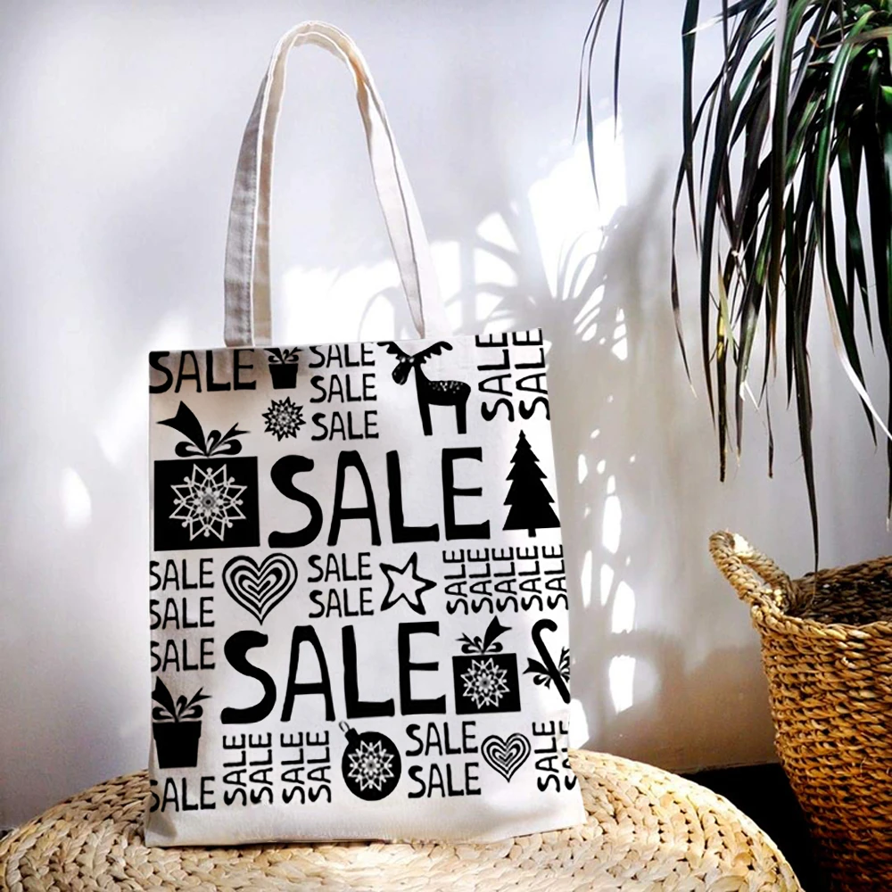 

Christmas Elk Women's Canvas Shoulder Bag Black and White Casual Shoppers Reusable Christmas Gift Large Capacity Handbag