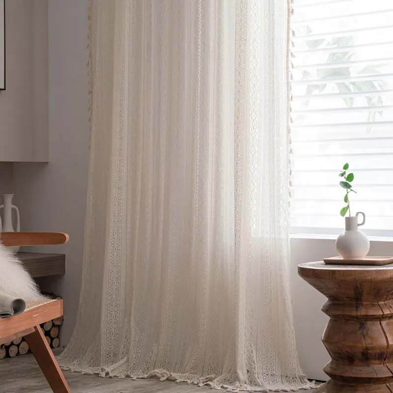 Американский стиль сельский бежевый с кисточками вязаный крючком ажурные