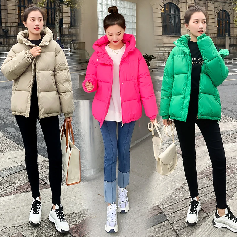 

New Fashion Winter Jacket Women Cotton Padded Outwear Stand Collar Hooded Female Short Coat Solid Parka Ovecoat Bread Clothes