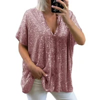 women t shirt sequined v neck summer solid color short sleeve t ees pullover top for daily wear casual t shirt ropa de mujer