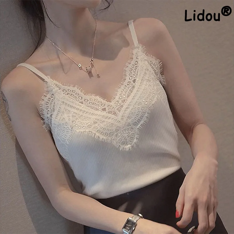 

White lace camisole V neck women's sexy summer Fashion wild tank top Hook flower hollow splicing solid Slim women Vest 2022 new