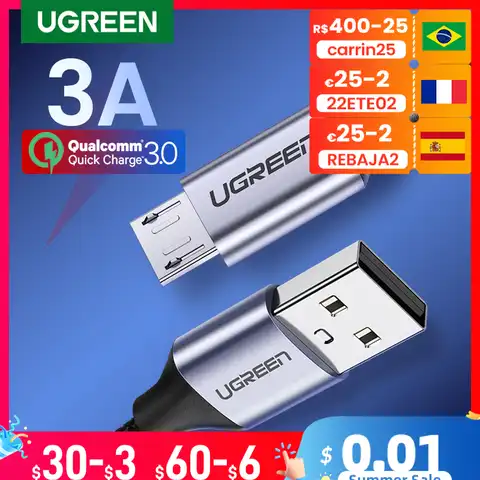 UGREEN Micro USB-кабель 3A нейлоновый USB-кабель для быстрой зарядки для Samsung Xiaomi LG Tablet Android Мобильный телефон USB-шнур для зарядки