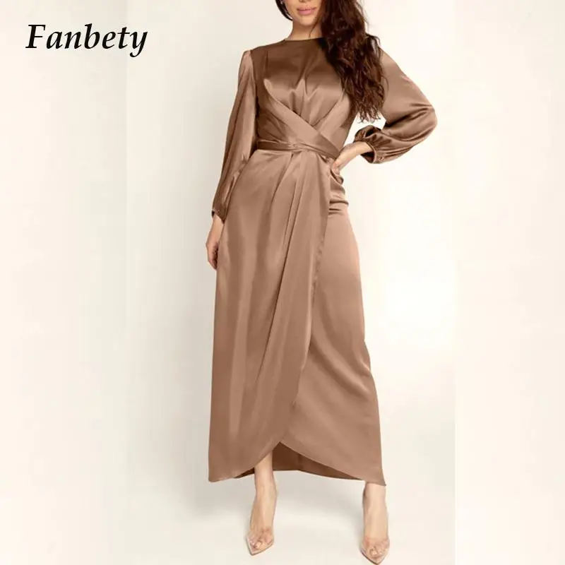 

Elegant Lady Solid Color Criss-Cross Belt Dress Women Casual Satin O-Neck Long Dress Spring Bandage Irregular Folds Party Dress