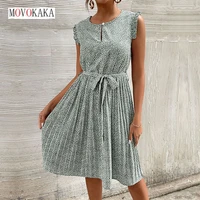 movokaka women summer holiday casual pleated dress beach party elegant o neck hollow vestidos vintage floral printed mid dresses