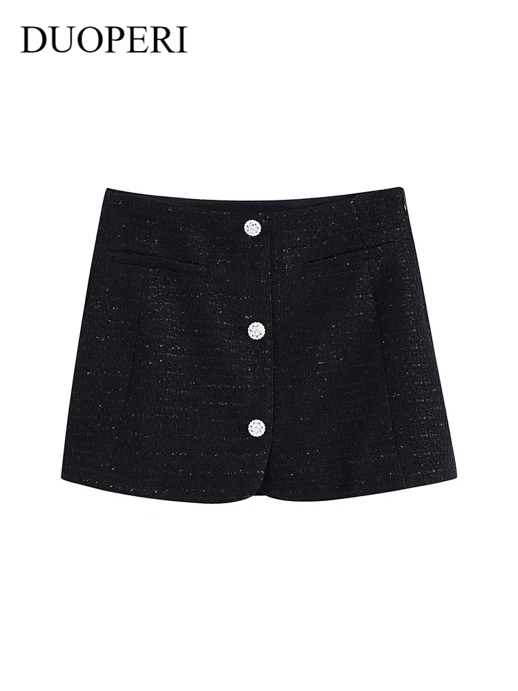 

DUOPERI Women Fashion With Button Texture Solid Mini Skirts Vintage High Waist Female Casual Chic Lady Skirt