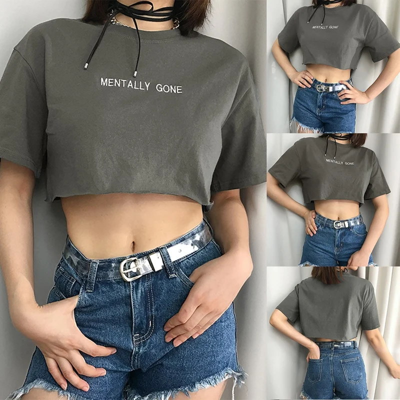 

ASDS-Women's New Fashion Letter Embroidered Short Loose Casual T-Shirt Top Gray