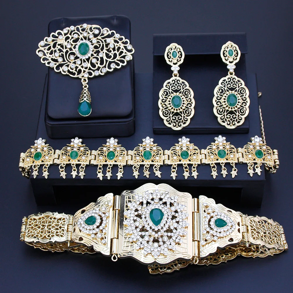 

Sunspicems Gold Color Arabic Bride Wedding Jewelry Sets Morocco Caftan Belt Hair Chain Earring Brooch Algeria Dress Accessories