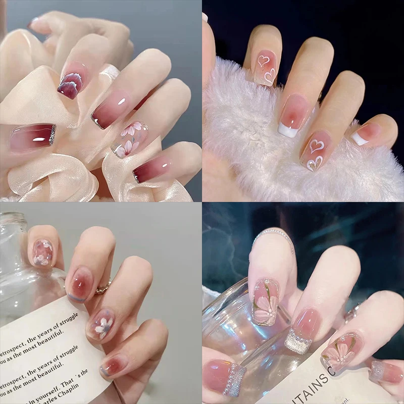 

24pcs Press On Nails Short Square Artificial French Fake Nails Detachable Flower Pink Gradient False Nails Manicure Nail Sticker