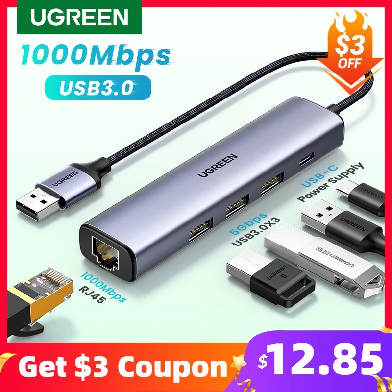 Ugreen Usb Ethernet Usb3.0 Lan 1000mbps Adaptador Ethernet Usb Rj45 Hub Usb para Laptop Xiaomi mi Box s Placa de Rede Ethernet Hub Placas de rede