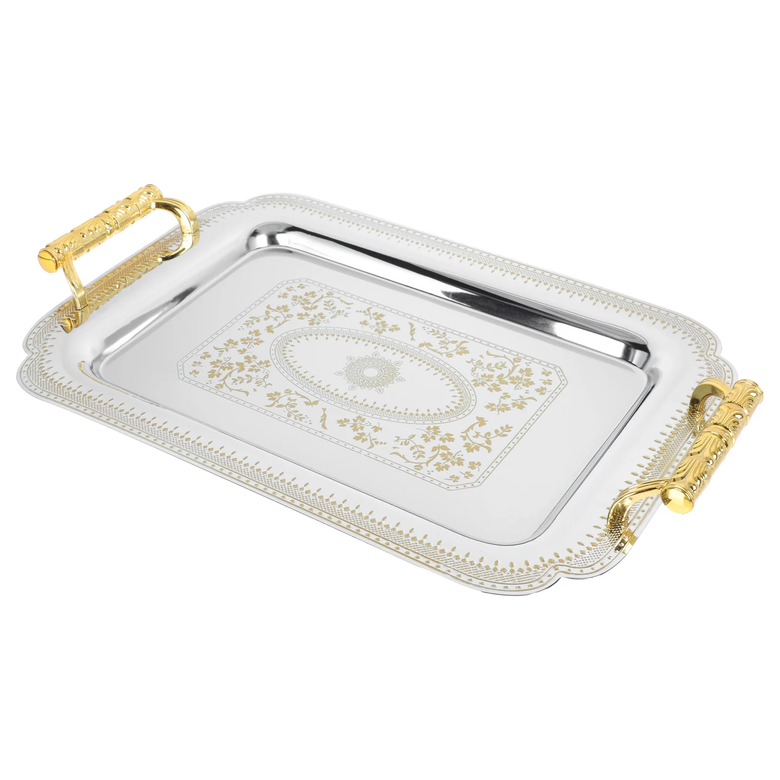 

Tray Serving Plate Platter Metal Coffee Cake Dessert Bread Drinks Fruit Trays Ottoman Stainless Rectangular Gold Breakfast Table