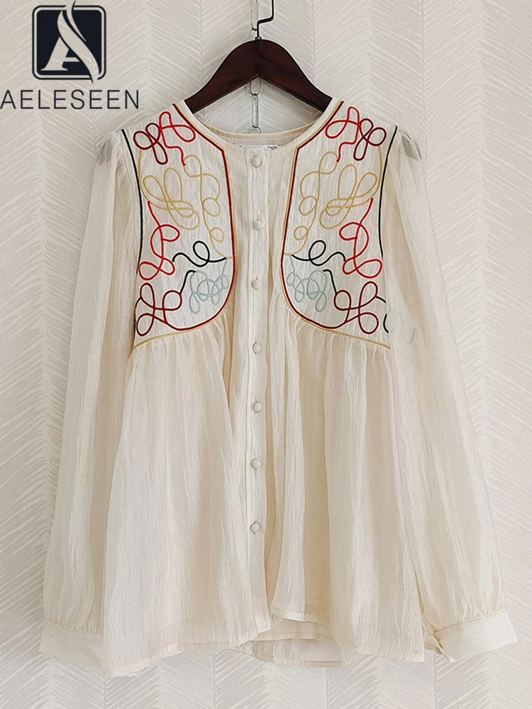 AELESEEN Designer Fashion Women Blouse Spring Autumn Full Sleeve Flower Embroidery Loose Casual Elegant Party Holiday