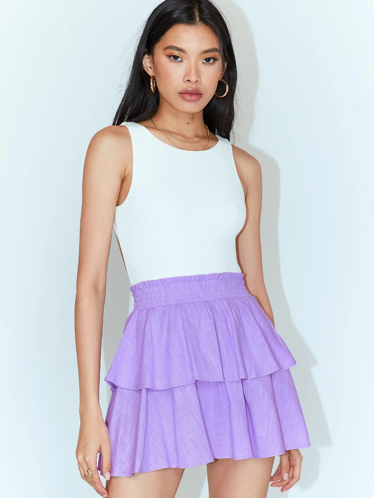 

2022 New Fashion Spring Summer Cute Girlish Cotton Cake Skirt Sweet Pure Color Flounces Elastic Short Skirt