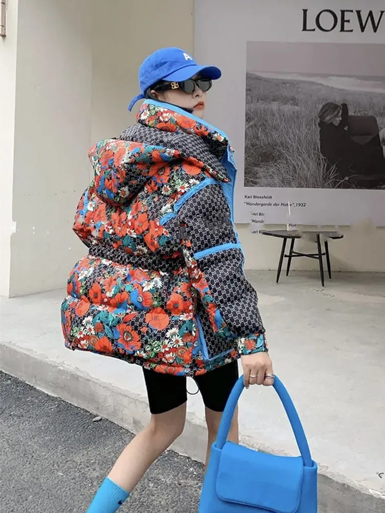 Утепленное зимнее пуховое пальто с цветочным принтом женская одежда свободные