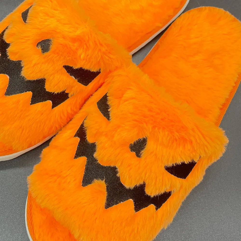 Fluffy Winter Warm Slippers Woman Girls Halloween Pumpkin Cartoon House Slippers Furry Comfort Flat Shoes Zapatos Mujer