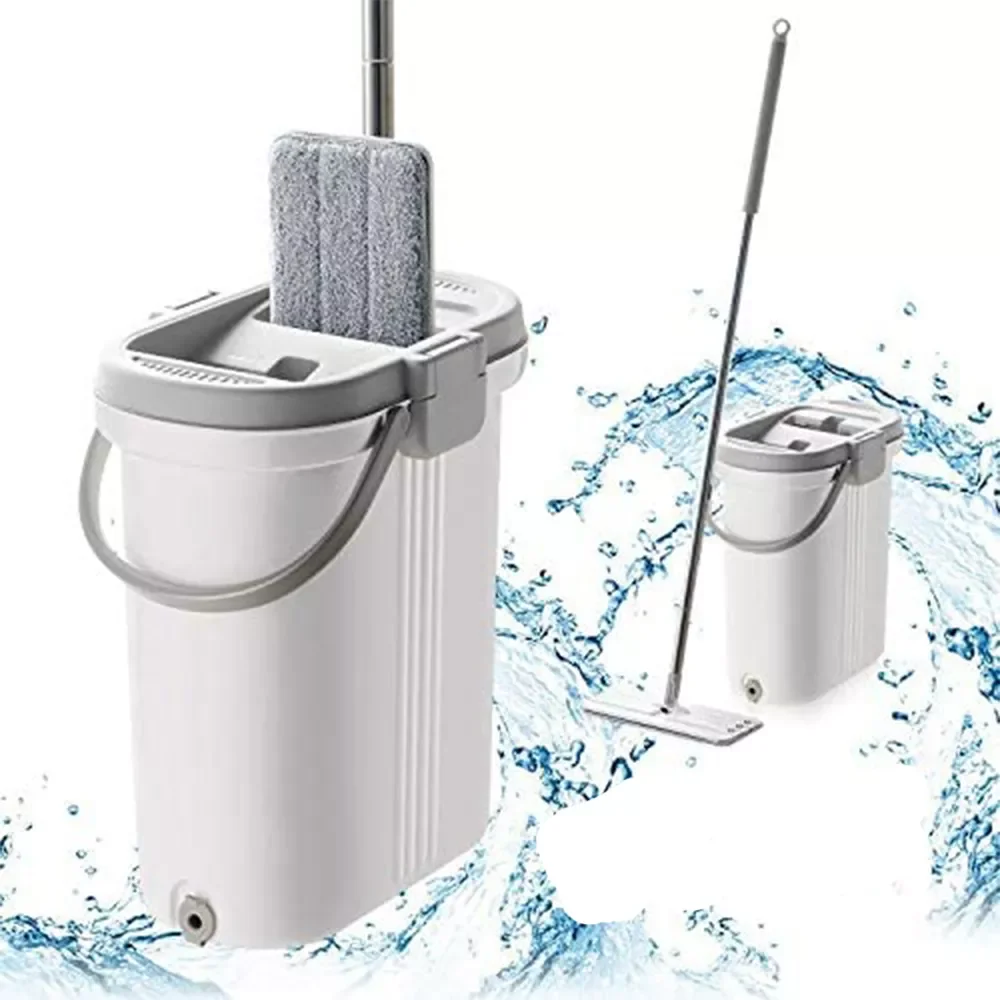 

Squeeze Hand Free Microfiber Flat Mop with Bucket Stainless Steel Handle 2 Reusable Pads for Home Floor Cleaning
