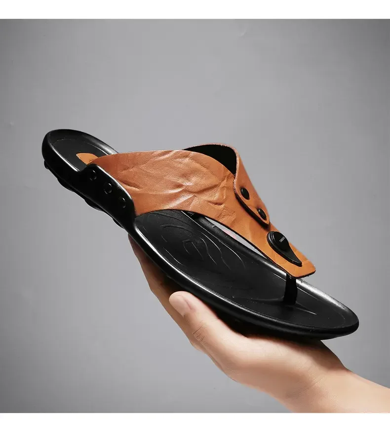 

Summer Men's Leather Causal Herringbone Slippers Thick Bottom Anti-Skid Wear-Resisting Breathable Beach Slippers Home Slippers