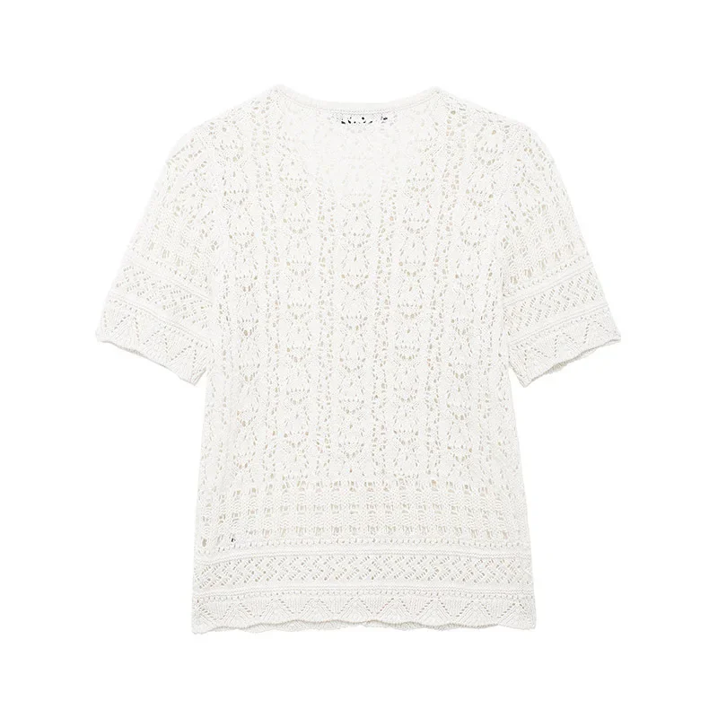 Женский жаккардовый Топ на пуговицах белый вязаный с короткими рукавами и