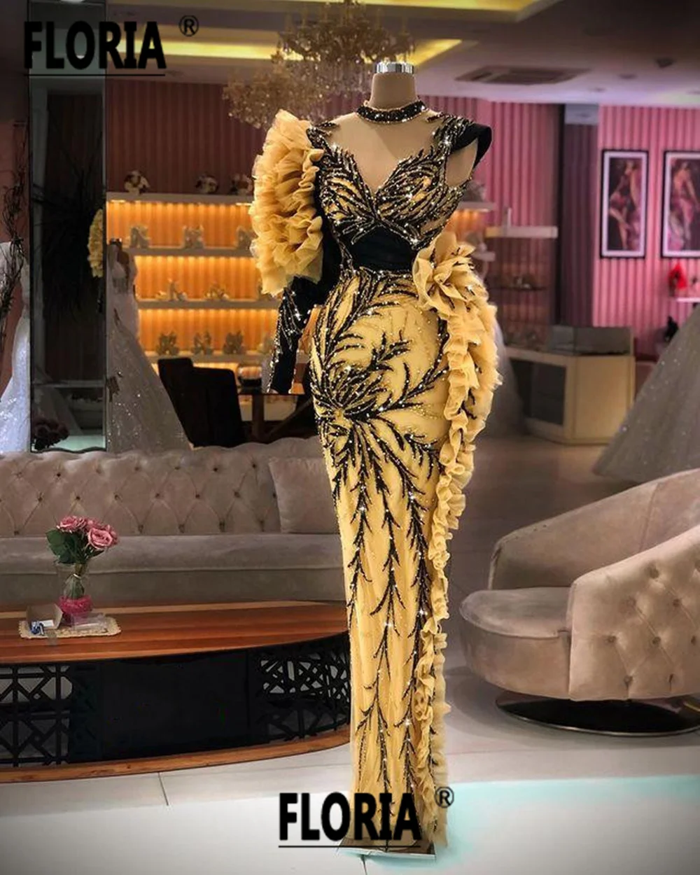 

Elegant Dubai One Shoulder Mermaid Formal Evening Dresses Beads Appliques Ruffles Party Gowns Arabic Prom Dress Robe de Soiree
