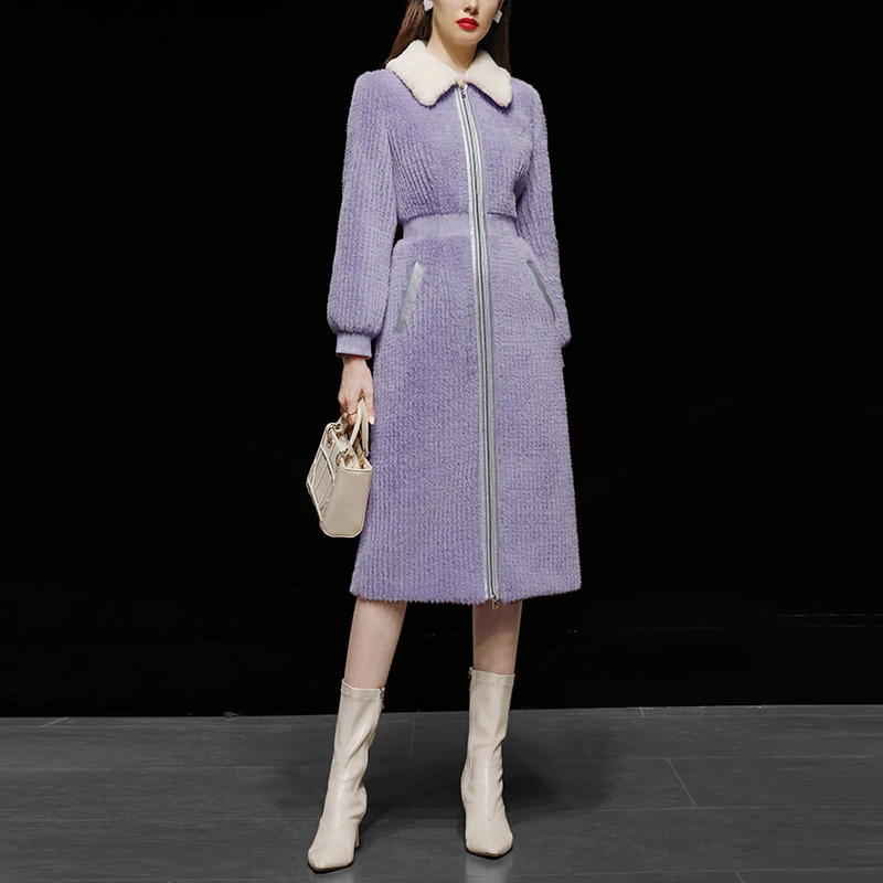 

2022 Winter Runway Fashion Luxury Winter Trench Coat For Women Faux Sheep Fur Coat Long Sleeve Slim coat