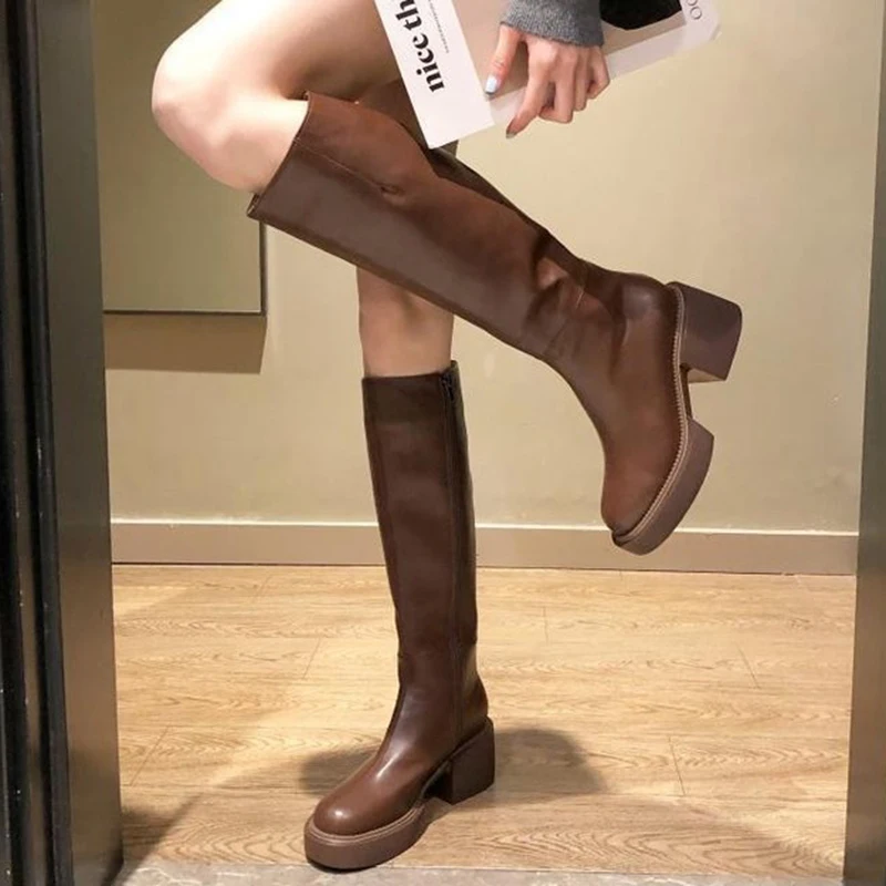 

Women Platform Knee High Boots 2022 New Woman Leather Long Boots Ladies Zip Shoes Female Fashion Heels Autumn Winter Footwear