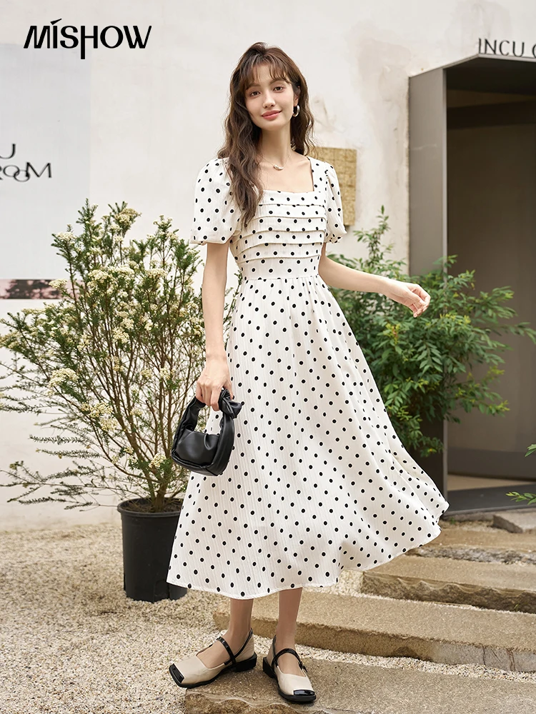 MISHOW Square Neck Dot Dress for Wome Summer 2023 French Elegant A-LINE Retro Puff Sleeve Female Party Midi Dresses MXC38L1401