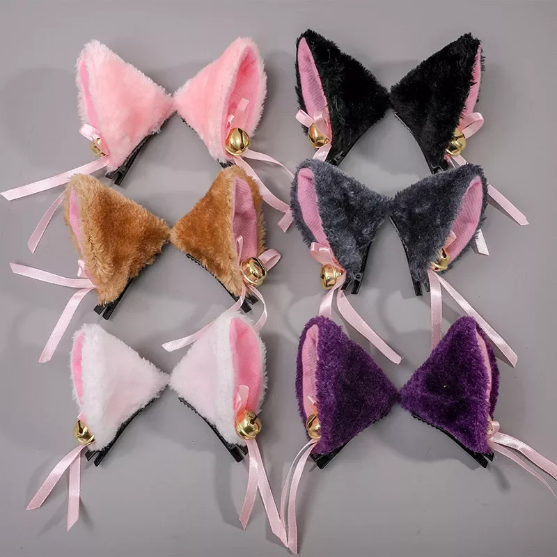 

Lolita White Black Cat Ears with Bell Hair Clip Cosplay Party Long Fur Costume Hair Clip Halloween Hair Accessory