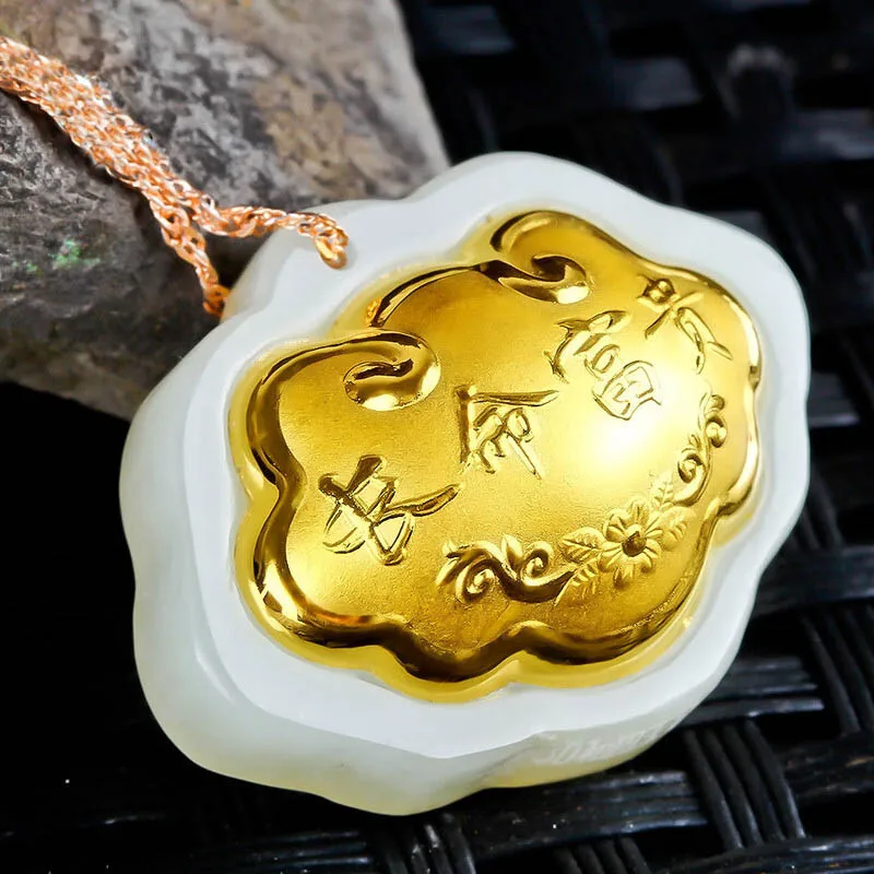 

Send Certificate 24k Gold Inlaid Jade Pendant Necklace Women Longevity Lock Fashion Charms Healing Jewelry Hetian Jades Amulet