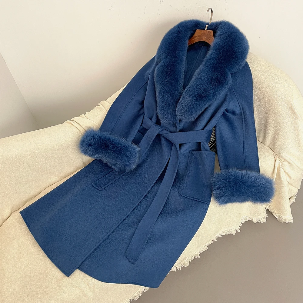 Oftbuy Женское Длинное Шерстяное Пальто С Воротником Из Натурального Лисьего Меха