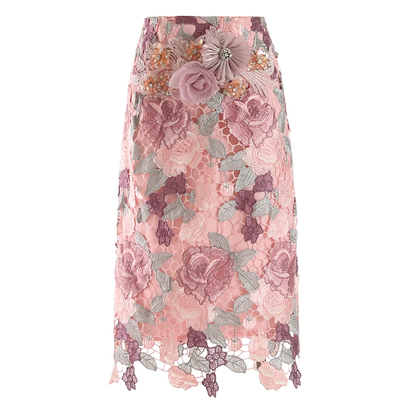 

PHOEBE HZ Diamond Three-dimensional Flower Decoration Package Hip Skirt Hollow-carred Design Pink Sweet Irregant Hemline Girl