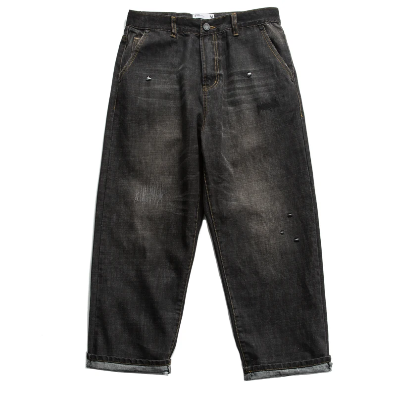 Japanese Style Knee Patch Loose Straight Pants Men's BF Style Wide Leg Skateboarding Pants Dark Blue Jeans Retro Style