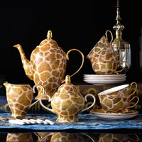 Originality Style Ceramic Gold Line Fine Bone China Coffee Pot Cup and Saucer Tea Set 15pcs High-Grade Deer Pattern