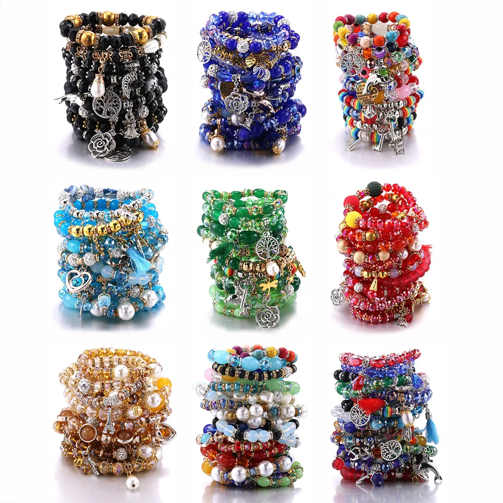 

10pcs/set Mix Color Tree Flower Heart Alloy Pendant Beads Bohemian Bracelets Women Natural Stone Wristband Bangles For Party