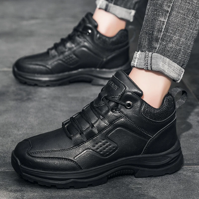 

Men winter boots warm plush thickened snow boots lace up leather shoes non-slip ankle boots for men flats coturno masculino