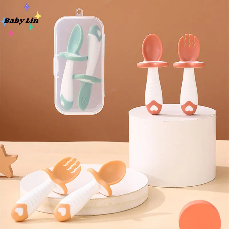 

2Pcs/Set Baby Spoon Fork BPA Free Silicone Soft Tip Infant Red Green Cutlery Baby Feeding Tableware Baby Learn Short Spoon Set